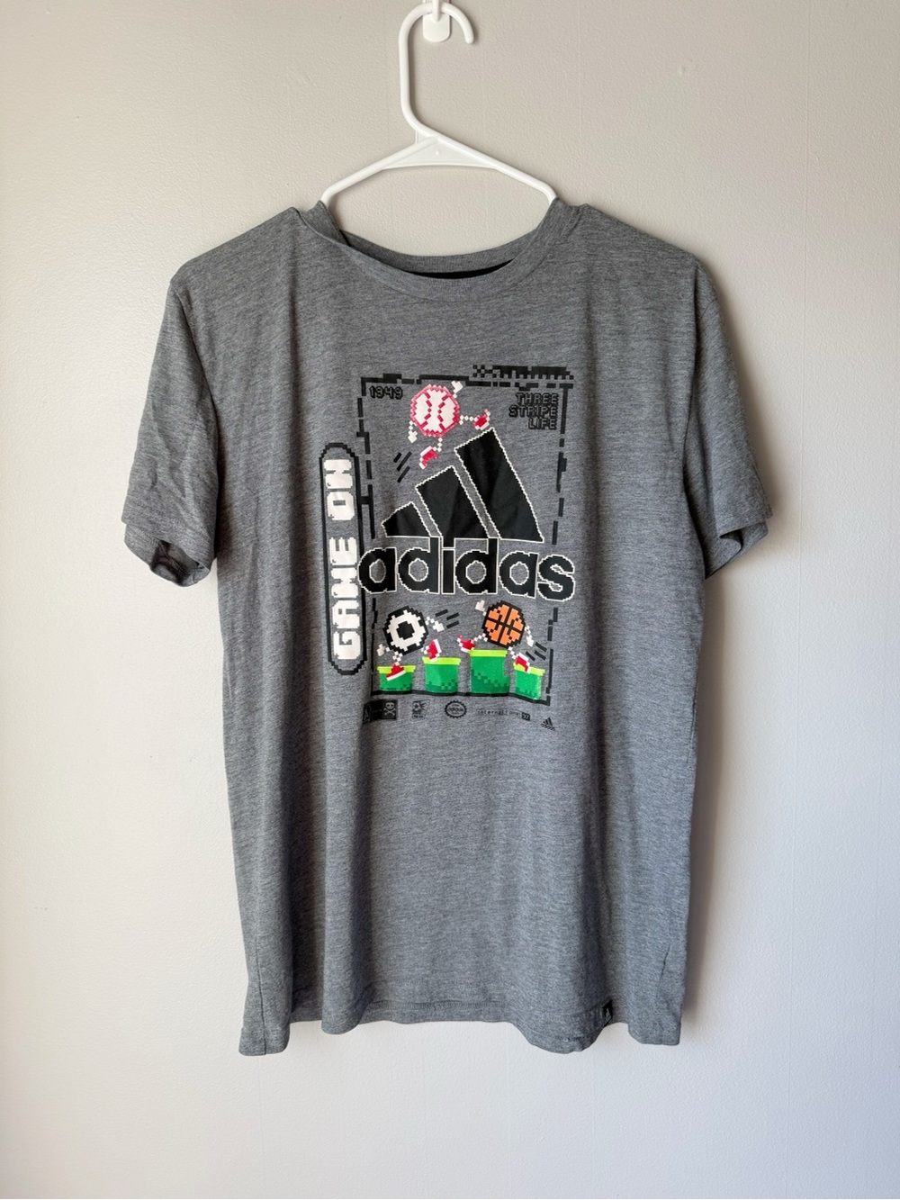 Adidas Young Men’s Gray Graphic “Game On” Short Sleeve Sport Tee